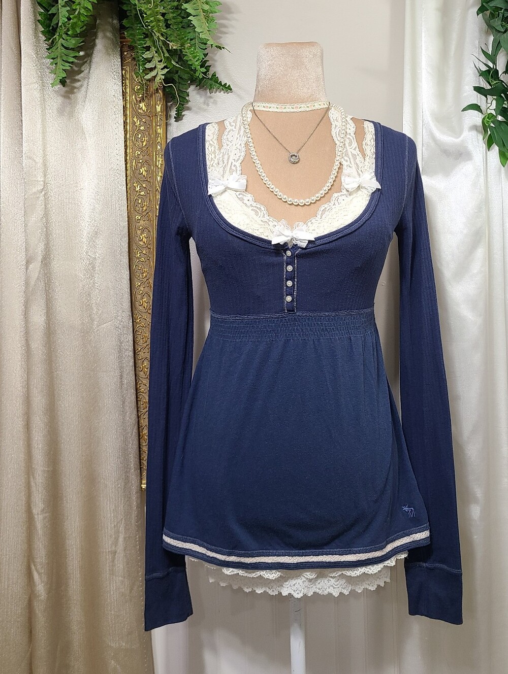 Rare Vintage ♡ Y2K ♡ Abercrombie And Fitch Blue Babydoll Henley Long Sleeve